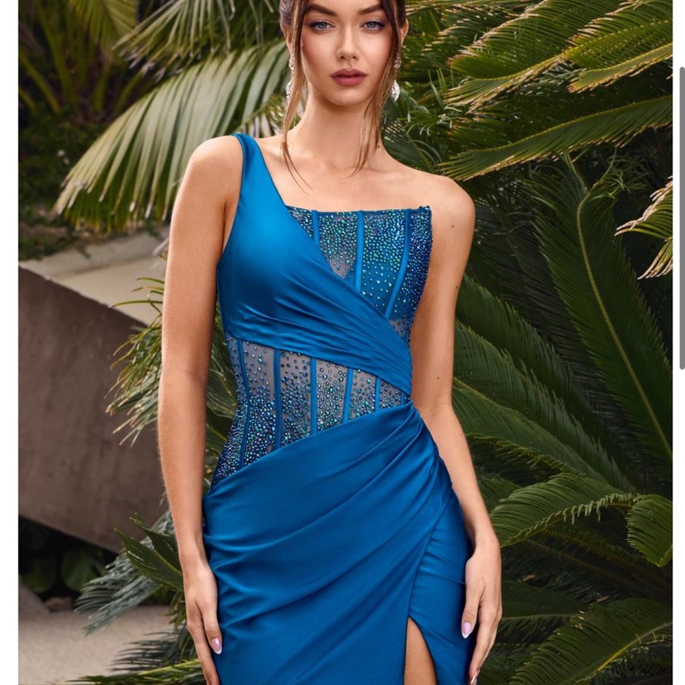 Teal One Shoulder Dress with Embellished Details